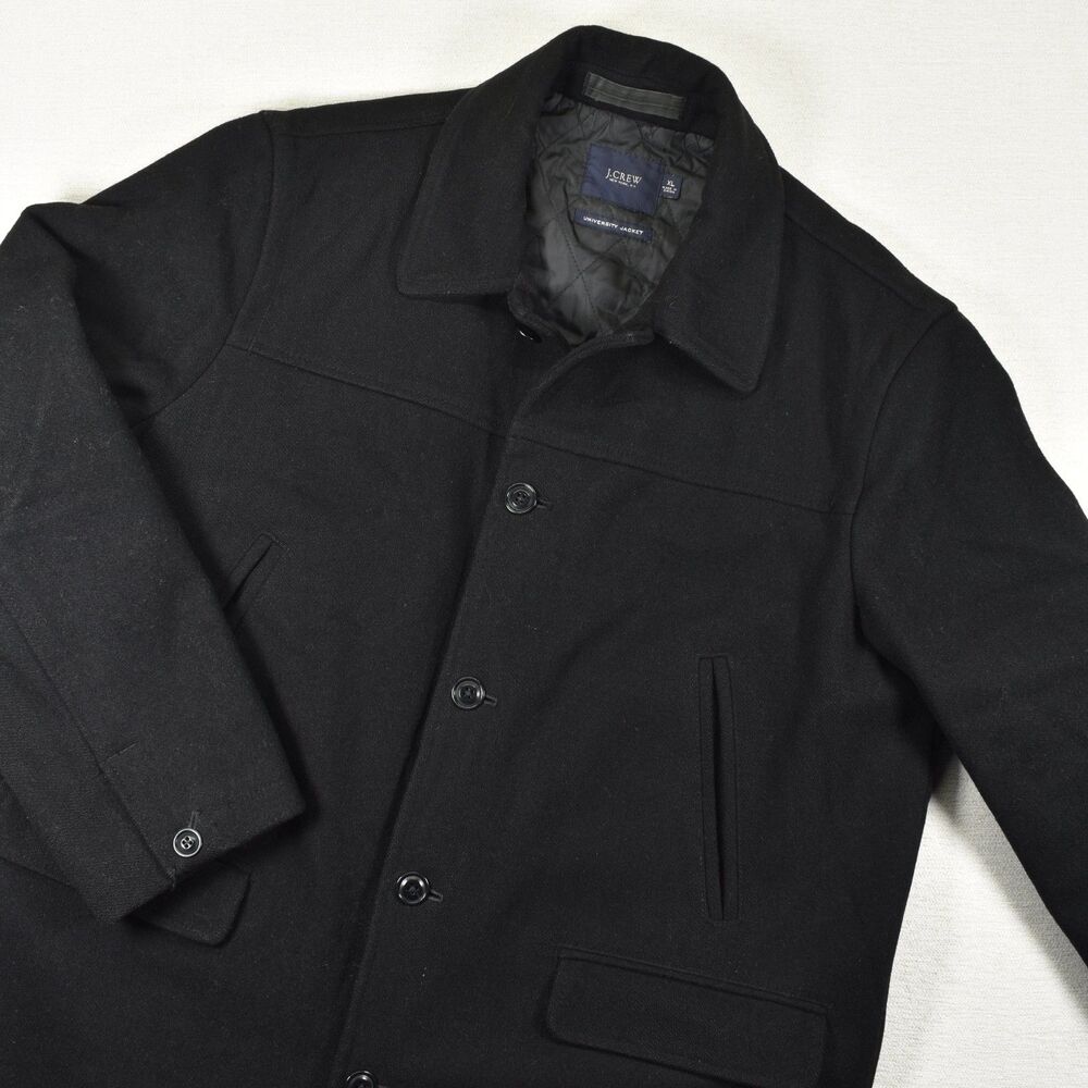 J.Crew University Jacket Mens XL Black Wool Blend Quilted Insulated Car Coat Vtg